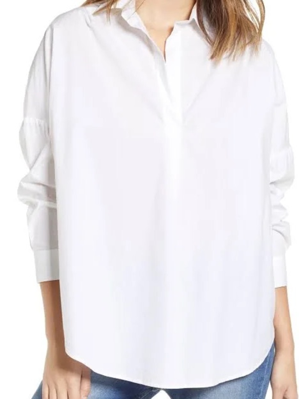 French Connection White Relaxed V-Neck Popover Shirt With Rare Embroidery Detail